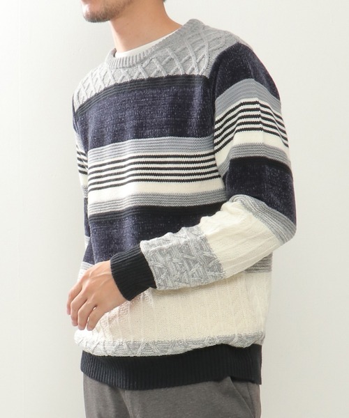 ikka（イッカ）の「【洗濯機で洗える】モールミックスボーダーニット（ニット/セーター・メンズ・ベージュ/パープル/ネイビー/グリーン・S/M/L/XL）」の3枚目の写真