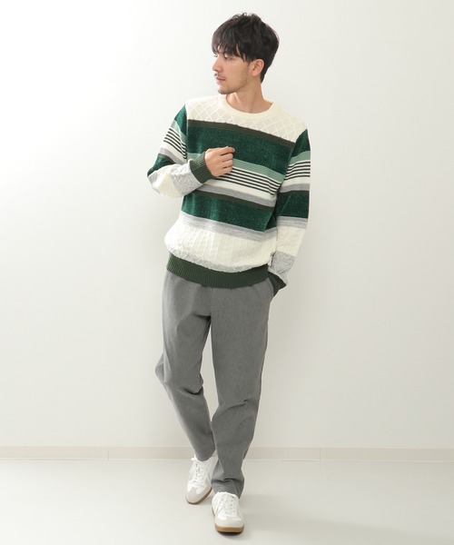 ikka（イッカ）の「【洗濯機で洗える】モールミックスボーダーニット（ニット/セーター・メンズ・ベージュ/パープル/ネイビー/グリーン・S/M/L/XL）」の15枚目の写真