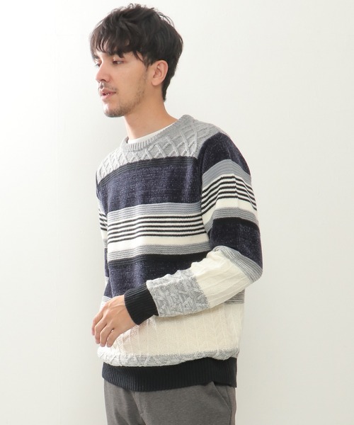 ikka（イッカ）の「【洗濯機で洗える】モールミックスボーダーニット（ニット/セーター・メンズ・ベージュ/パープル/ネイビー/グリーン・S/M/L/XL）」の9枚目の写真