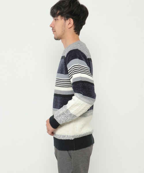 ikka（イッカ）の「【洗濯機で洗える】モールミックスボーダーニット（ニット/セーター・メンズ・ベージュ/パープル/ネイビー/グリーン・S/M/L/XL）」の17枚目の写真