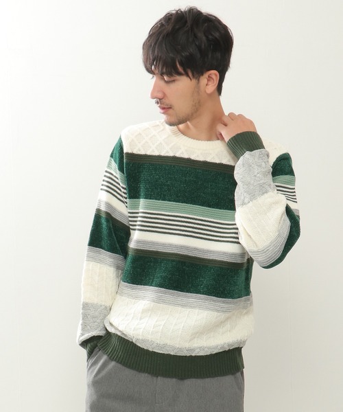 ikka（イッカ）の「【洗濯機で洗える】モールミックスボーダーニット（ニット/セーター・メンズ・ベージュ/パープル/ネイビー/グリーン・S/M/L/XL）」の6枚目の写真