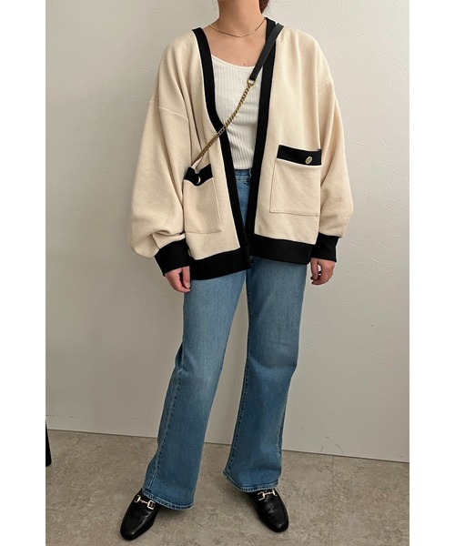 palm RICHE（ポームリシュ）の「バイカラーワッフルカーデ（カーディガン/ボレロ・レディース・グリーン/ブラック/アイボリー・M）」の7枚目の写真