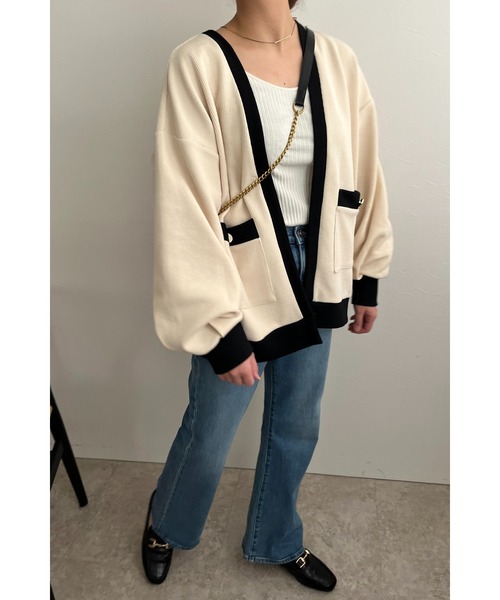 palm RICHE（ポームリシュ）の「バイカラーワッフルカーデ（カーディガン/ボレロ・レディース・グリーン/ブラック/アイボリー・M）」の15枚目の写真