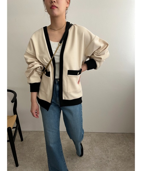 palm RICHE（ポームリシュ）の「バイカラーワッフルカーデ（カーディガン/ボレロ・レディース・グリーン/ブラック/アイボリー・M）」の13枚目の写真