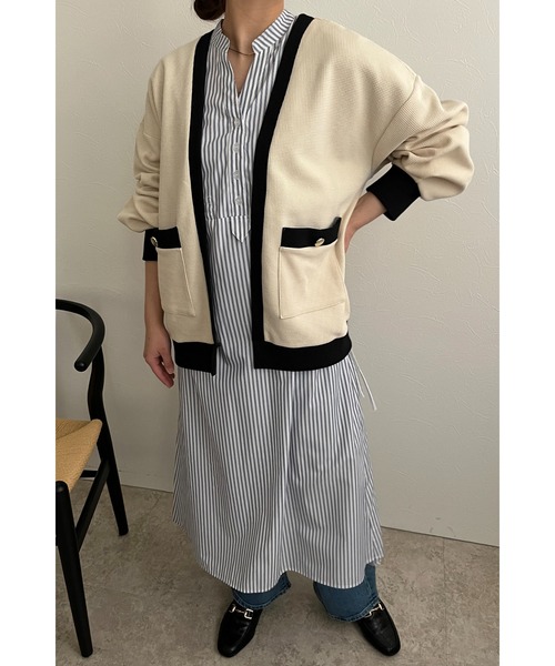 palm RICHE（ポームリシュ）の「バイカラーワッフルカーデ（カーディガン/ボレロ・レディース・グリーン/ブラック/アイボリー・M）」の9枚目の写真