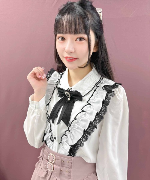 ROJITA(ロジータ)の「ラッフルフリル配色ブラウス(シャツ/ブラウス・レディース・ホワイト/ピンク/ブラック・FREE)」の1枚目の写真