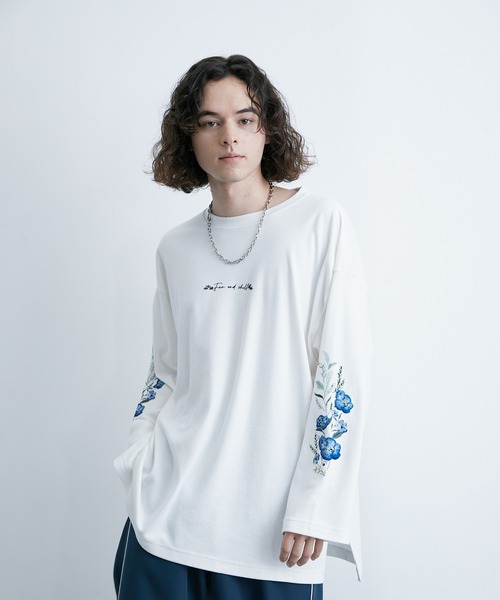 JUNRED(ジュンレッド)の「スリーブフラワープリントルーズプルオーバー(Tシャツ/カットソー・メンズ・ブラック/ホワイト・S/M/L)」の10枚目の写真