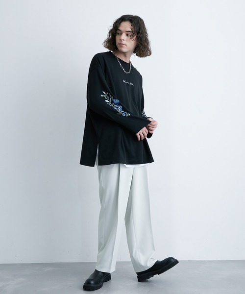 JUNRED(ジュンレッド)の「スリーブフラワープリントルーズプルオーバー(Tシャツ/カットソー・メンズ・ブラック/ホワイト・S/M/L)」の7枚目の写真