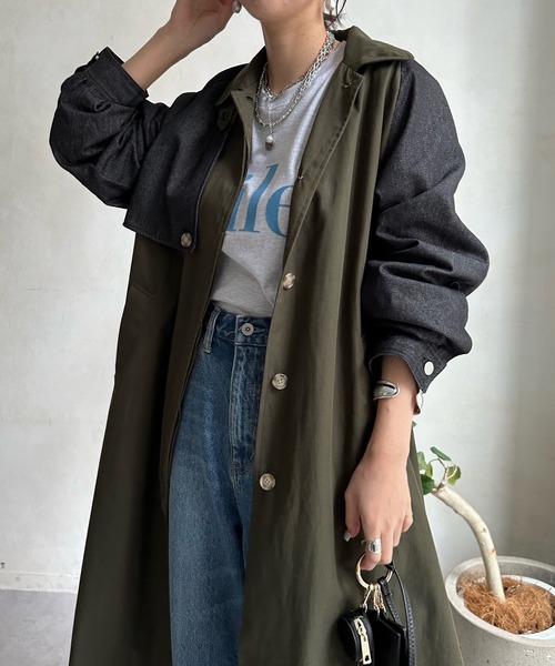 DouDou(ドゥドゥ)の「【WEB限定】デニム切替ステンカラーコート(その他アウター・レディース・カーキ・FREE)」の1枚目の写真