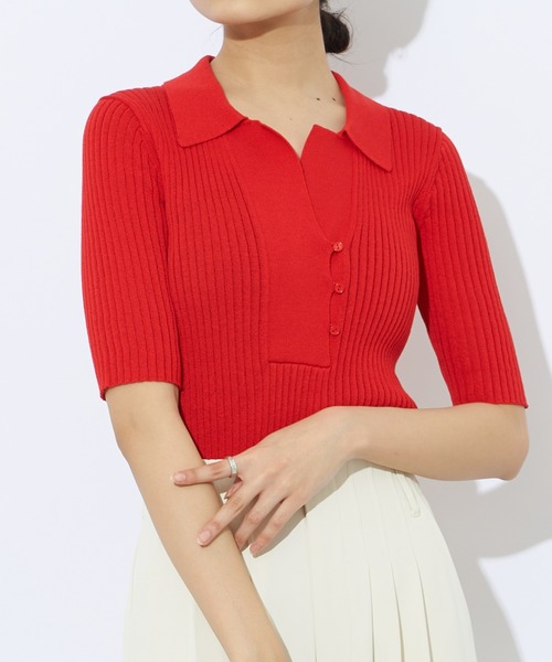 Lui's（ルイス）の「リブニットポロトップス（ニット/セーター・レディース・レッド/ブラック/ベージュ/オフホワイト・FREE）」の4枚目の写真