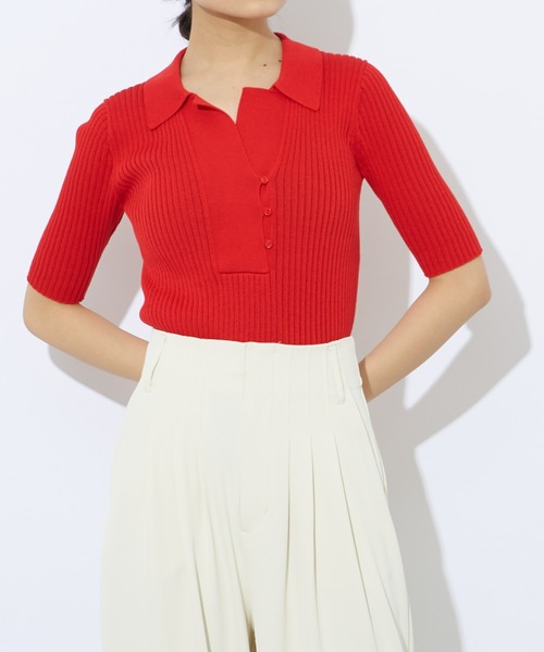 Lui's（ルイス）の「リブニットポロトップス（ニット/セーター・レディース・レッド/ブラック/ベージュ/オフホワイト・FREE）」の6枚目の写真