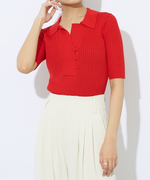 Lui's（ルイス）の「リブニットポロトップス（ニット/セーター・レディース・レッド/ブラック/ベージュ/オフホワイト・FREE）」の7枚目の写真