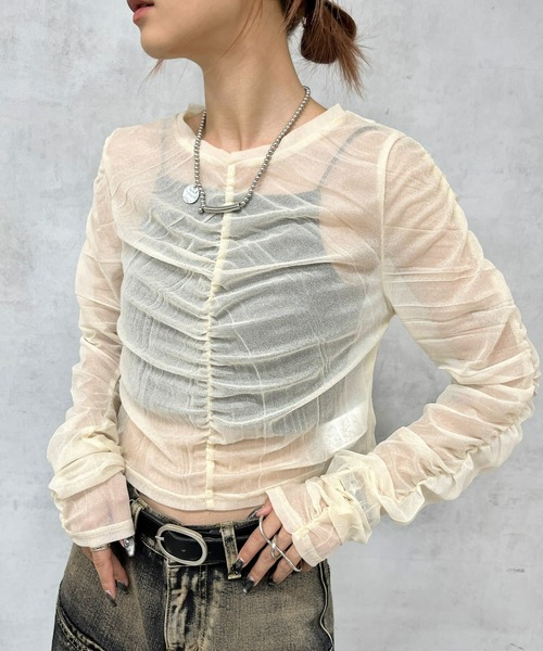 Six M（シックスエム）の「【Six M/シックスエム】ギャザーキラキラトップス（Tシャツ/カットソー・レディース・ブルー/ブラック/ダークグリーン/アイボリー・FREE）」の2枚目の写真