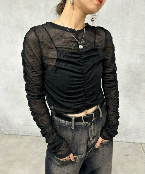 Six M（シックスエム）の「【Six M/シックスエム】ギャザーキラキラトップス（Tシャツ/カットソー・レディース・ブルー/ブラック/ダークグリーン/アイボリー・FREE）」の3枚目の写真