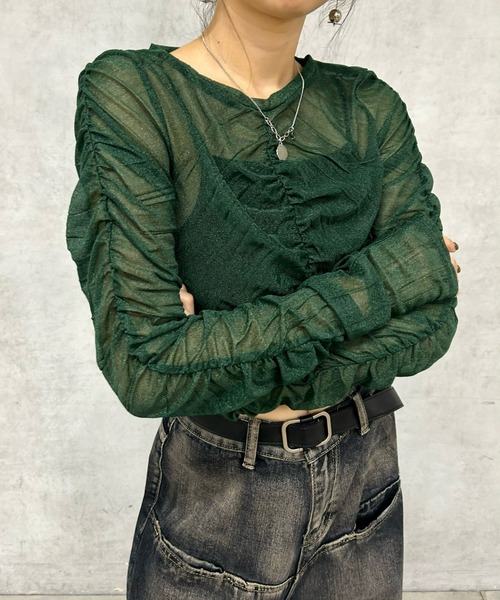 Six M（シックスエム）の「【Six M/シックスエム】ギャザーキラキラトップス（Tシャツ/カットソー・レディース・ブルー/ブラック/ダークグリーン/アイボリー・FREE）」の4枚目の写真