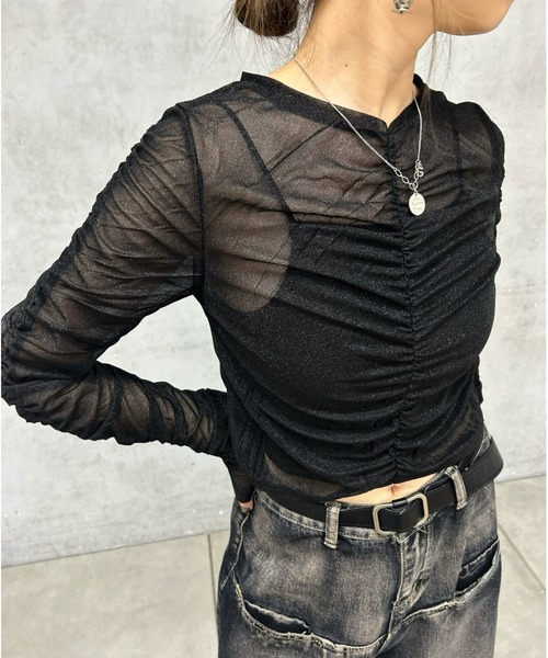 Six M（シックスエム）の「【Six M/シックスエム】ギャザーキラキラトップス（Tシャツ/カットソー・レディース・ブルー/ブラック/ダークグリーン/アイボリー・FREE）」の5枚目の写真