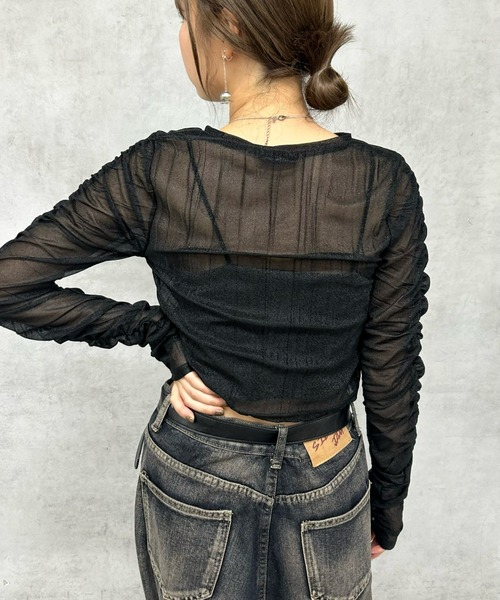 Six M（シックスエム）の「【Six M/シックスエム】ギャザーキラキラトップス（Tシャツ/カットソー・レディース・ブルー/ブラック/ダークグリーン/アイボリー・FREE）」の6枚目の写真