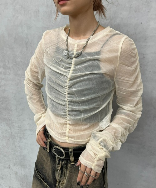 Six M（シックスエム）の「【Six M/シックスエム】ギャザーキラキラトップス（Tシャツ/カットソー・レディース・ブルー/ブラック/ダークグリーン/アイボリー・FREE）」の9枚目の写真