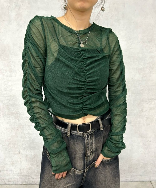 Six M（シックスエム）の「【Six M/シックスエム】ギャザーキラキラトップス（Tシャツ/カットソー・レディース・ブルー/ブラック/ダークグリーン/アイボリー・FREE）」の11枚目の写真