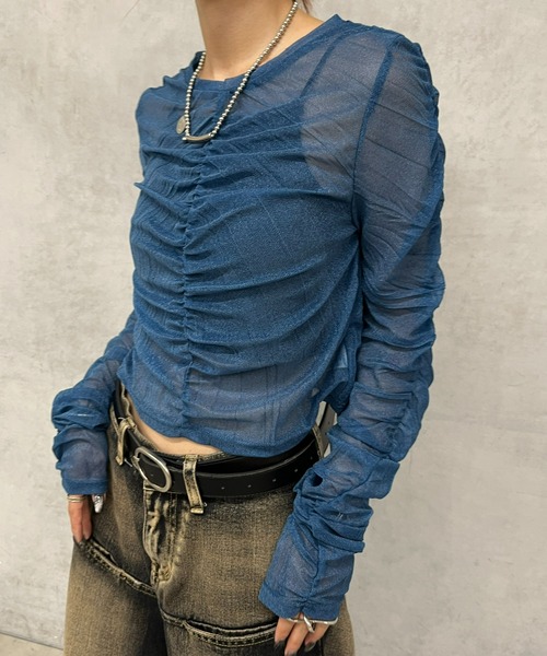 Six M（シックスエム）の「【Six M/シックスエム】ギャザーキラキラトップス（Tシャツ/カットソー・レディース・ブルー/ブラック/ダークグリーン/アイボリー・FREE）」の14枚目の写真