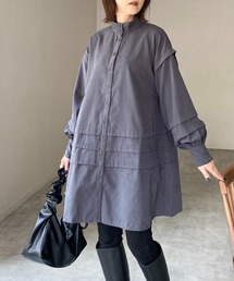 She's Closet | スタンドカラーボリュームスリーブ長袖ひざ丈フレアチュニックミニシャツワンピース(シャツワンピース)
