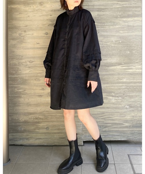 She's Closet(シーズクローゼット)の「スタンドカラーボリュームスリーブ長袖ひざ丈フレアチュニックミニシャツワンピース(シャツワンピース・レディース・チャコールグレー/ブラック/ライトベージュ・FREE)」の13枚目の写真