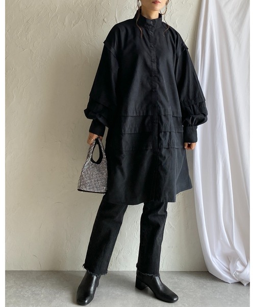 She's Closet(シーズクローゼット)の「スタンドカラーボリュームスリーブ長袖ひざ丈フレアチュニックミニシャツワンピース(シャツワンピース・レディース・チャコールグレー/ブラック/ライトベージュ・FREE)」の17枚目の写真