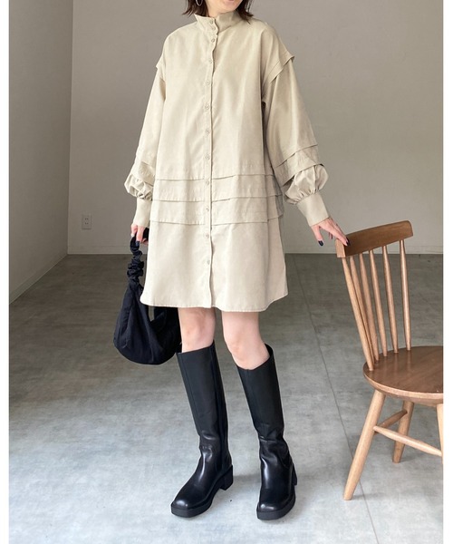 She's Closet(シーズクローゼット)の「スタンドカラーボリュームスリーブ長袖ひざ丈フレアチュニックミニシャツワンピース(シャツワンピース・レディース・チャコールグレー/ブラック/ライトベージュ・FREE)」の20枚目の写真