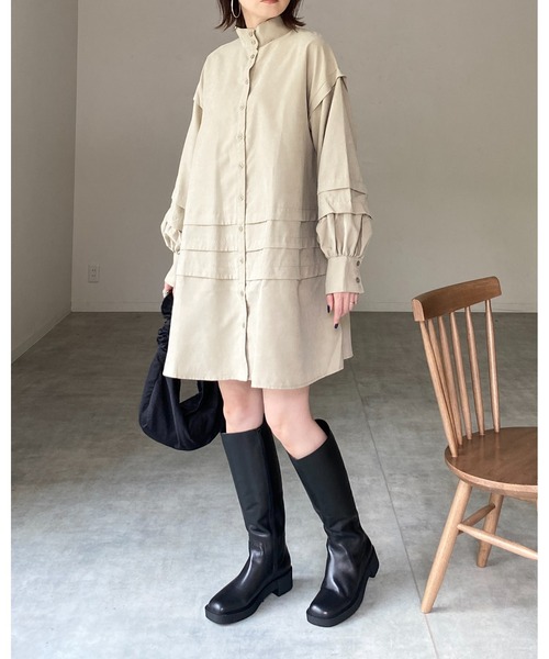 She's Closet(シーズクローゼット)の「スタンドカラーボリュームスリーブ長袖ひざ丈フレアチュニックミニシャツワンピース(シャツワンピース・レディース・チャコールグレー/ブラック/ライトベージュ・FREE)」の22枚目の写真