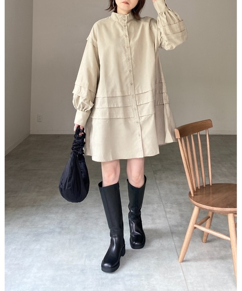 She's Closet(シーズクローゼット)の「スタンドカラーボリュームスリーブ長袖ひざ丈フレアチュニックミニシャツワンピース(シャツワンピース・レディース・チャコールグレー/ブラック/ライトベージュ・FREE)」の21枚目の写真