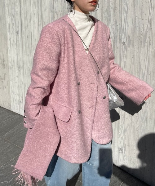 ツイードコート ツイードジャケット ウールコート M ピンク 毛足長い ミックスピンクツイードジャケット | レディースファッション通販 - DHOLIC