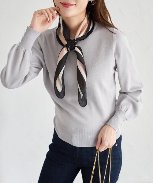 tocco closet(トッコ クローゼット)の「【ZOZO限定】スカーフ付きニットプルオーバー(ニット/セーター・レディース・オフホワイト/ライトグレー/ピンク・M)」の3枚目の写真