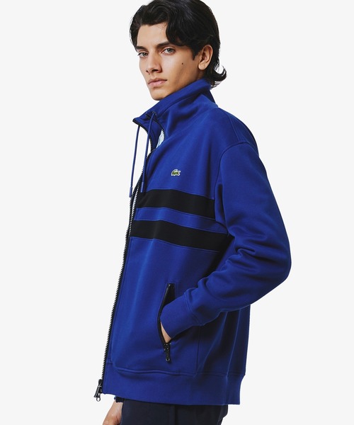 た*ね様 LACOSTE トラックジャケット青US XS アシンメトリーボーダーハイネック ドローストリング 鹿の子地