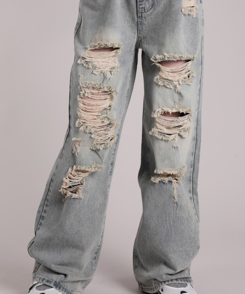 HOOK(フック)の「【HOOK】for girls ダメージウォッシュワイドデニムパンツ(デニムパンツ・レディース・ブルー・S/XL/L/M)」の12枚目の写真