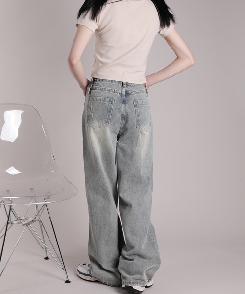 HOOK(フック)の「【HOOK】for girls ダメージウォッシュワイドデニムパンツ(デニムパンツ・レディース・ブルー・S/XL/L/M)」の9枚目の写真
