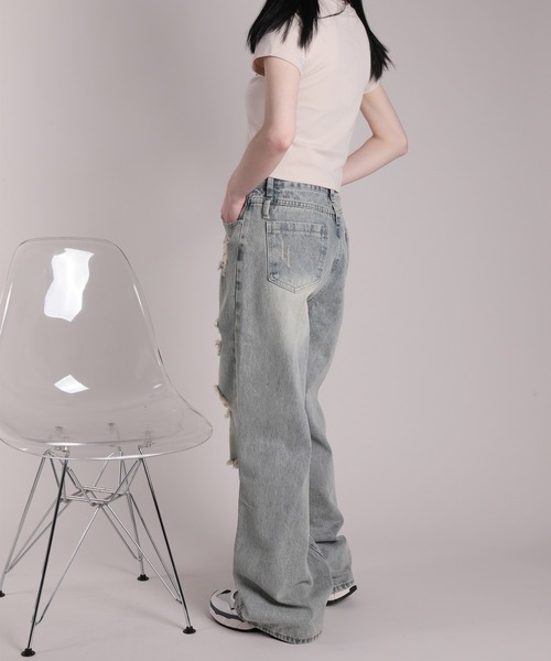 HOOK(フック)の「【HOOK】for girls ダメージウォッシュワイドデニムパンツ(デニムパンツ・レディース・ブルー・S/XL/L/M)」の10枚目の写真