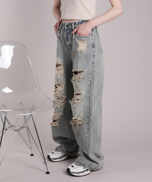 HOOK(フック)の「【HOOK】for girls ダメージウォッシュワイドデニムパンツ(デニムパンツ・レディース・ブルー・S/XL/L/M)」の8枚目の写真