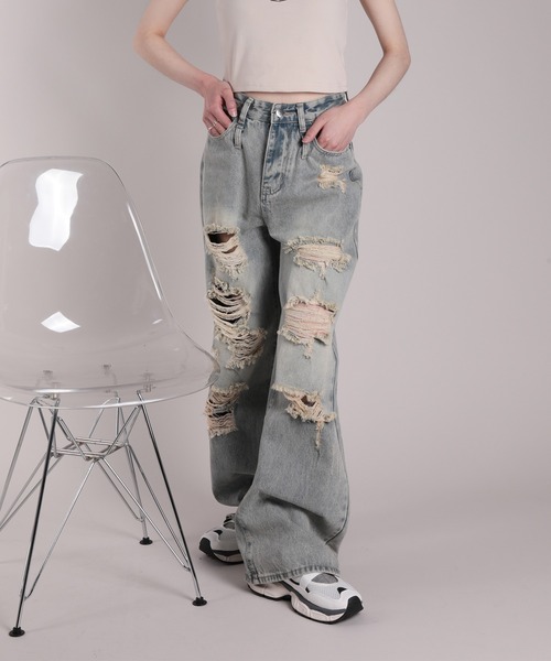 HOOK(フック)の「【HOOK】for girls ダメージウォッシュワイドデニムパンツ(デニムパンツ・レディース・ブルー・S/XL/L/M)」の7枚目の写真