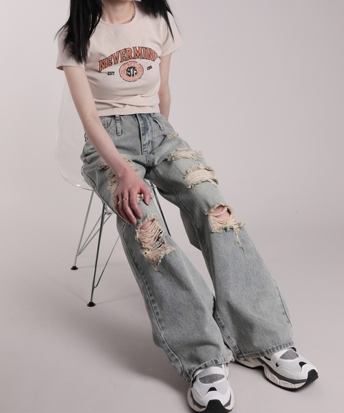 HOOK(フック)の「【HOOK】for girls ダメージウォッシュワイドデニムパンツ(デニムパンツ・レディース・ブルー・S/XL/L/M)」の5枚目の写真