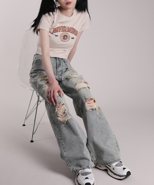 HOOK(フック)の「【HOOK】for girls ダメージウォッシュワイドデニムパンツ(デニムパンツ・レディース・ブルー・S/XL/L/M)」の6枚目の写真