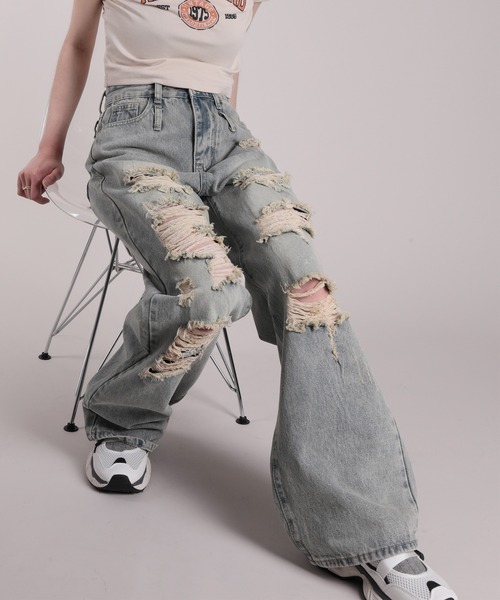 HOOK(フック)の「【HOOK】for girls ダメージウォッシュワイドデニムパンツ(デニムパンツ・レディース・ブルー・S/XL/L/M)」の4枚目の写真