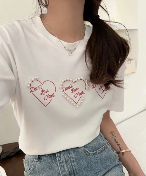 セール】綿100 パール付き ハートプリントトップス（Tシャツ