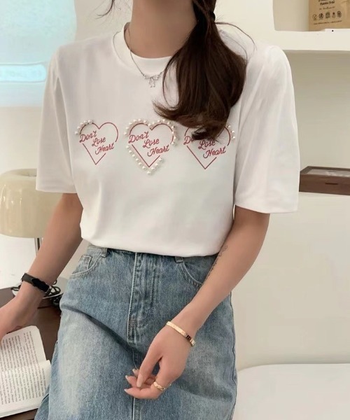 DIAVEL(ディアベル)の「パールハートロゴ韓国ガーリートップス(Tシャツ/カットソー・レディース・ブラック/ホワイト/グレー・M)」の8枚目の写真