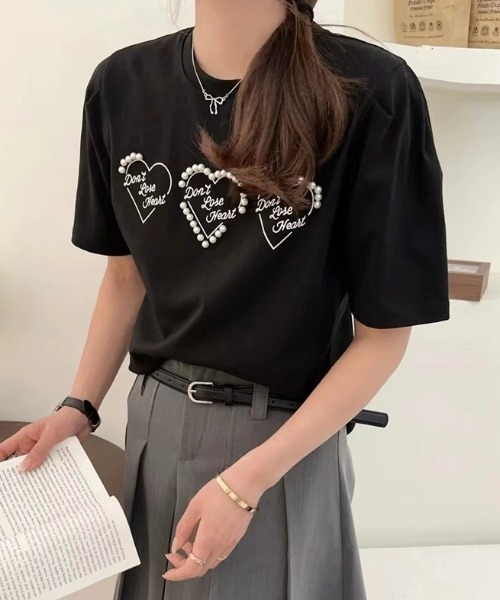 DIAVEL(ディアベル)の「パールハートロゴ韓国ガーリートップス(Tシャツ/カットソー・レディース・ブラック/ホワイト/グレー・M)」の13枚目の写真