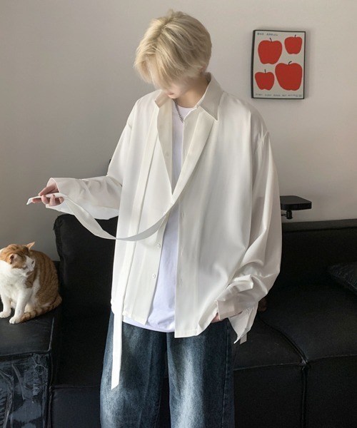 FVLMEN(フルメン)の「【FVLMEN】ribbon tie design longsleeve shirt/リボン タイ付 デザイン ロングスリーブ シャツ(シャツ/ブラウス・メンズ・ホワイト/ブラック・MEDIUM/LARGE/X-LARGE)」の3枚目の写真