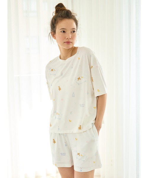 新品 gelato pique バスタイム柄Tシャツ＆ショートパンツ 上下セット gelato pique（ジェラートピケ）の「バスタイム柄Tシャツ