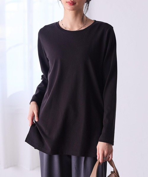 RANAN（ラナン）の「[サスティナブル/吸湿発熱]綿100%裾スリットロンT　プルオーバー（Tシャツ/カットソー・レディース・ブラック/オフホワイト/ライトグレー/グリーン/パープル/イエロー・M/L/LL）」の3枚目の写真