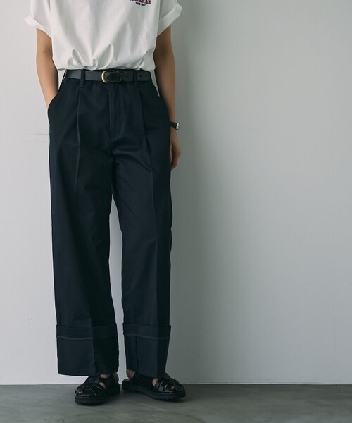 coen（コーエン）の「ロールアップチノワイドパンツ（チノパンツ・レディース・ベージュ/ネイビー・M/L）」の9枚目の写真