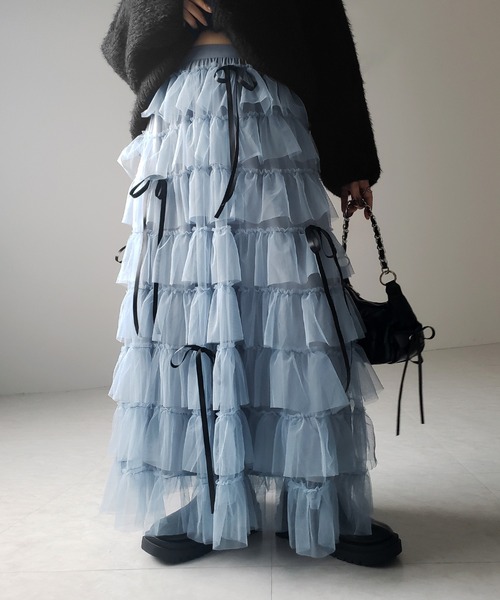 me+em select（ミームセレクト）の「【 ５color 】リボンボリュームカラーチュールスカート ／ribbon volume color tulle skirt（スカート・レディース・グレー/ブルー/ダークグリーン/ダークグレー/ピンク・FREE）」の4枚目の写真