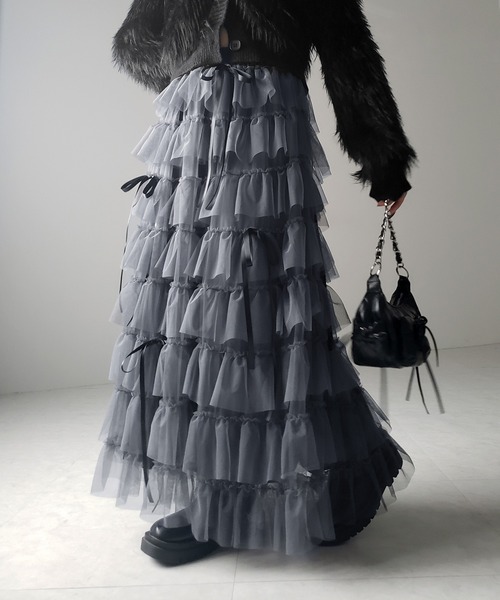 me+em select（ミームセレクト）の「【 ５color 】リボンボリュームカラーチュールスカート ／ribbon volume color tulle skirt（スカート・レディース・グレー/ブルー/ダークグリーン/ダークグレー/ピンク・FREE）」の3枚目の写真